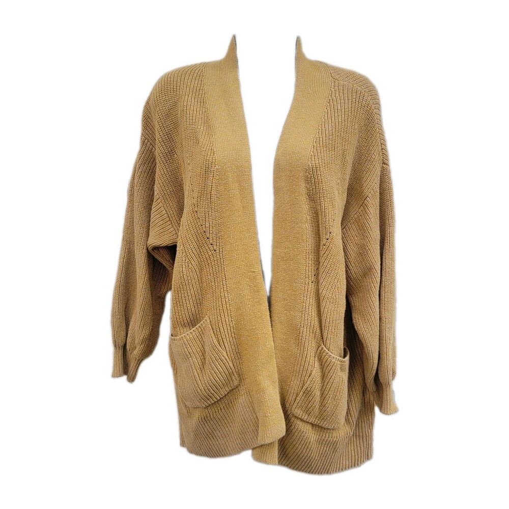 Womens Chunky Knit Cardigan Mustard Yellow Sz M Open Front Pockets Cozy